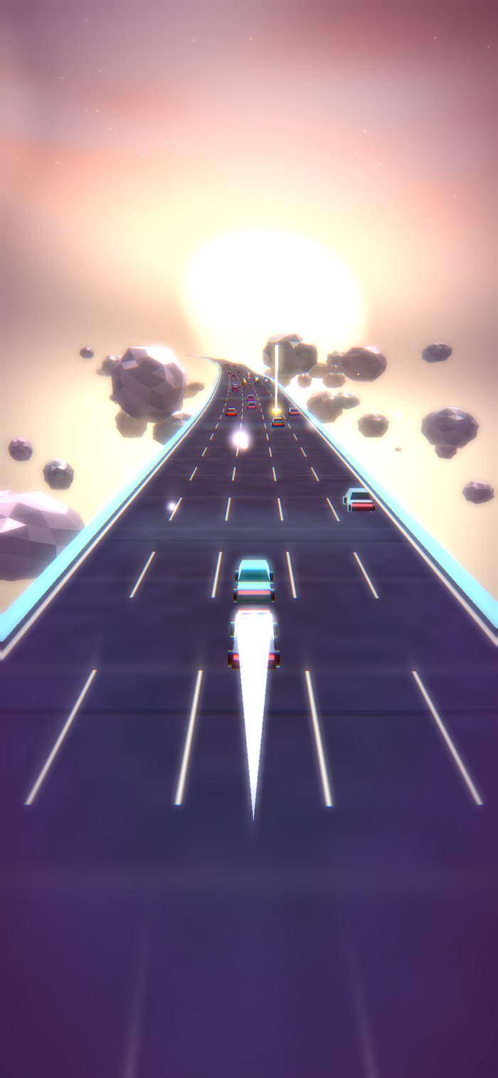 Trip Highway gameplay: a car on a multi-lane highway curving toward a low sun, with floating rocks either side of the road.