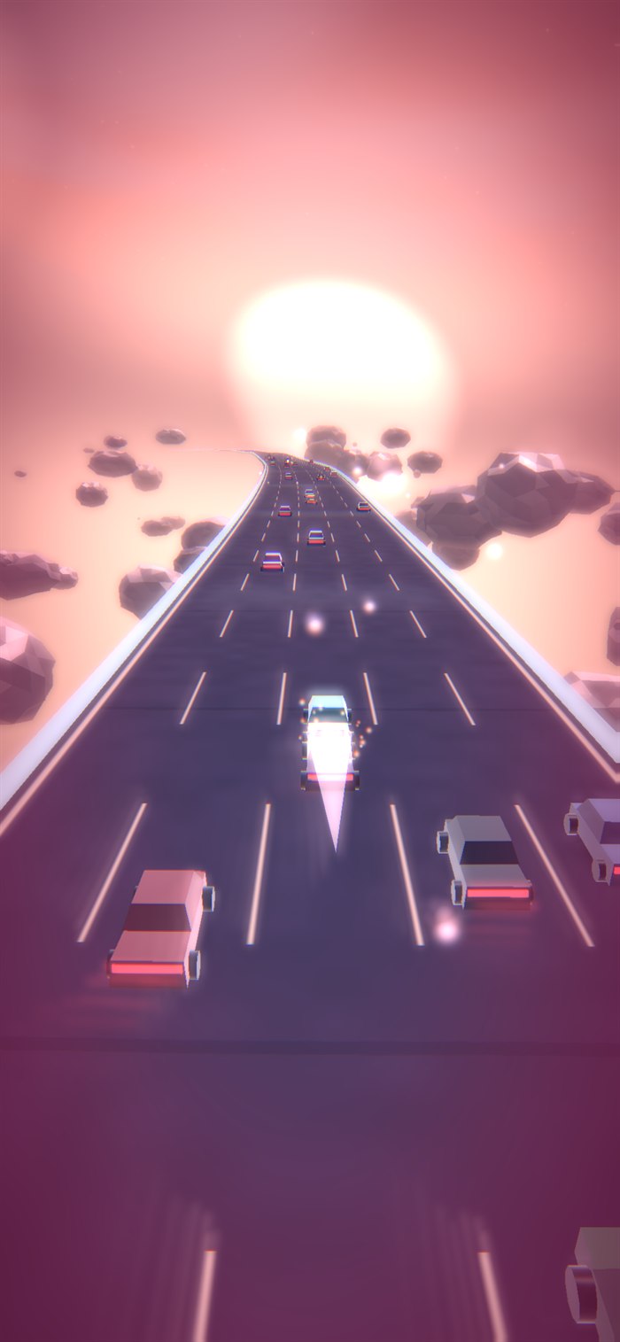 Trip Highway gameplay: overtaking traffic at speed, brake lights glowing, the highway stretching to the horizon.